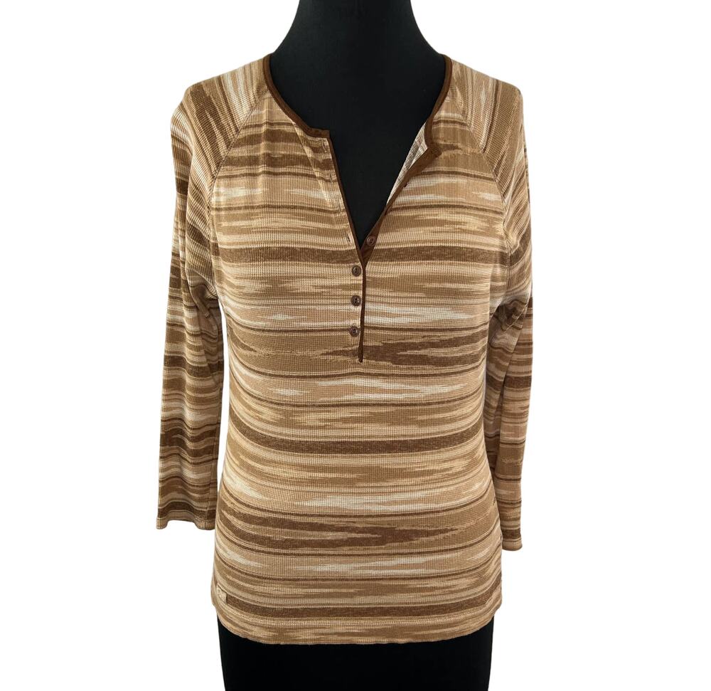 RALPH LAUREN Brown Tan Stripe Cotton Henley Long Sleeve Top Faux Suede Trim M